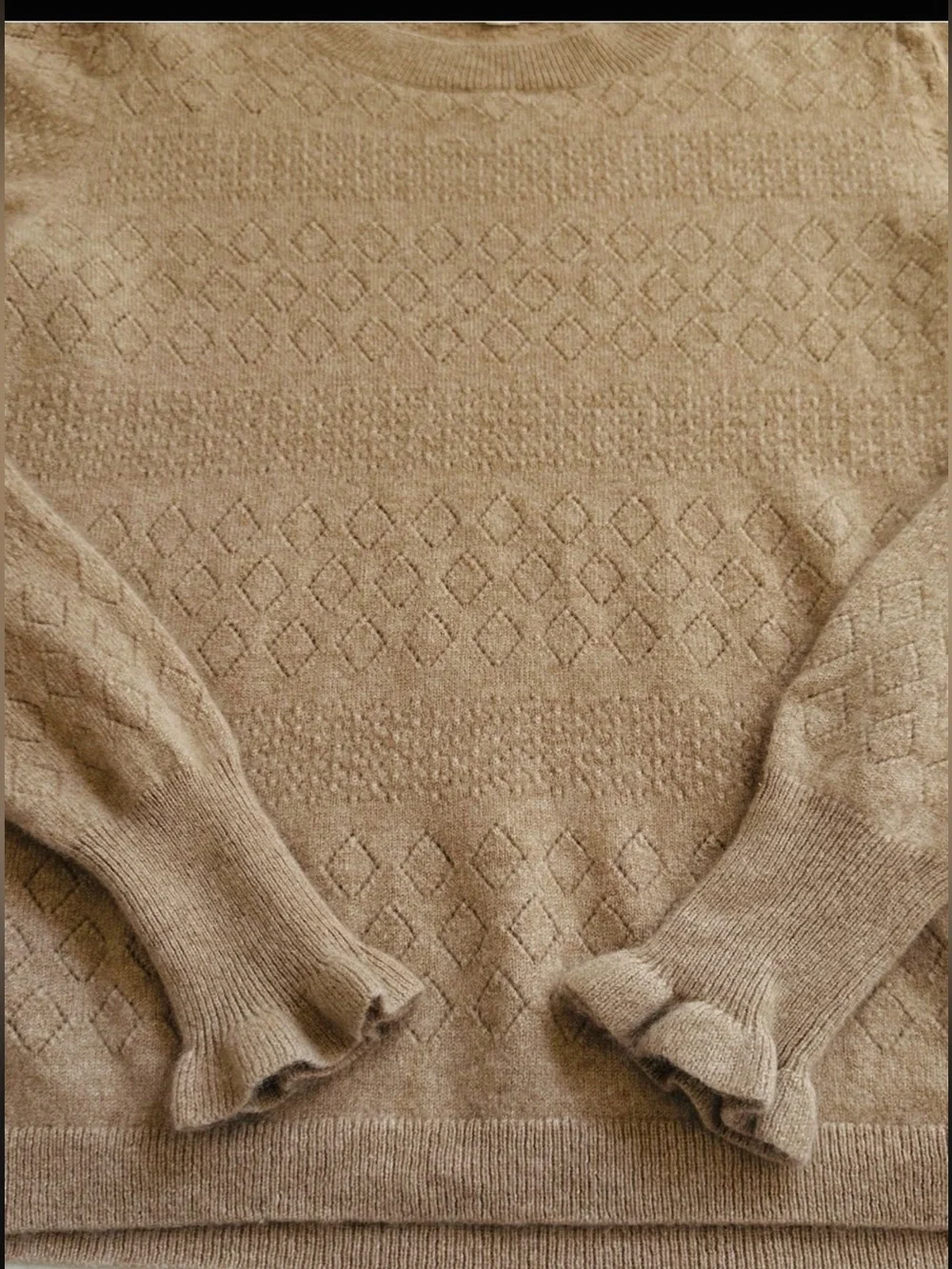 J.Crew 100% Cashmere Camel Pointelle Diamond Knit Ruffle Cuff Sweater S